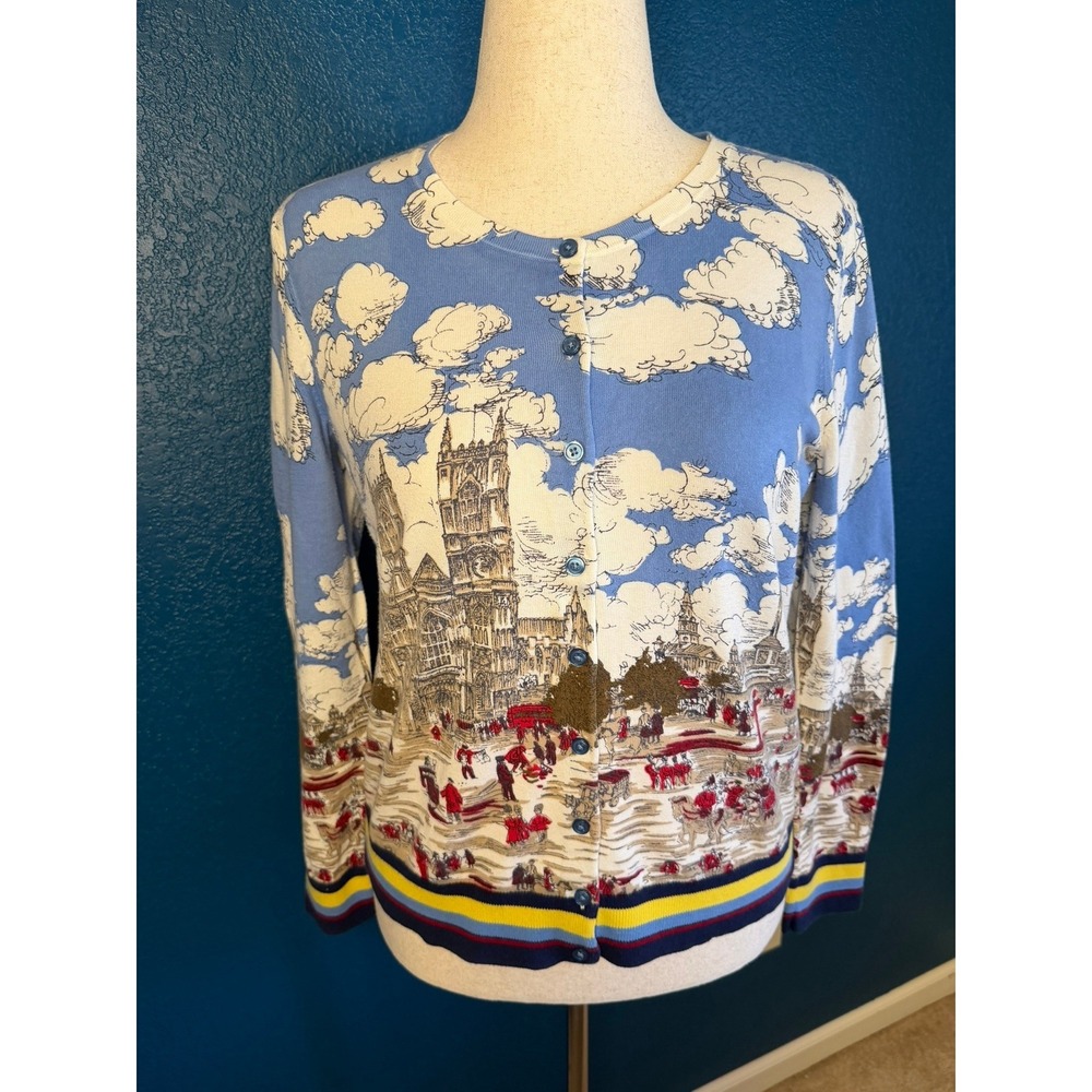 Talbots London Cityscape Print Cardigan Sweater Blue Westminster Abbey Large